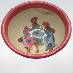 26. Art Pottery Stoneware Bowl Birds Birdhouses Signed TS Heatherstone Farmhouse