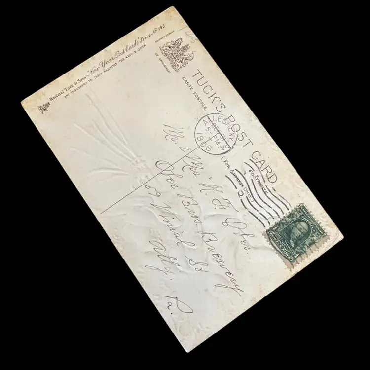 Antique Tucks Happy New Year Floral Gilded Art  Nouveau Postcard, Posted 1908 Series 145