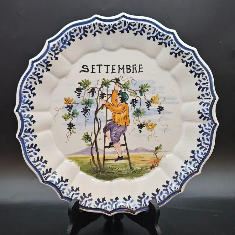Italian Bassano Ceramic Art Pottery Wall Plate Vintage September Grape Picker