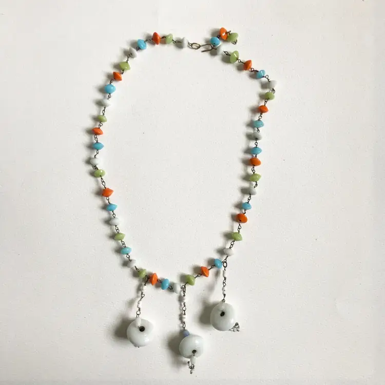 Vintage Saucer Art Glass Beaded Dangle Flapper Chain Linked Necklace