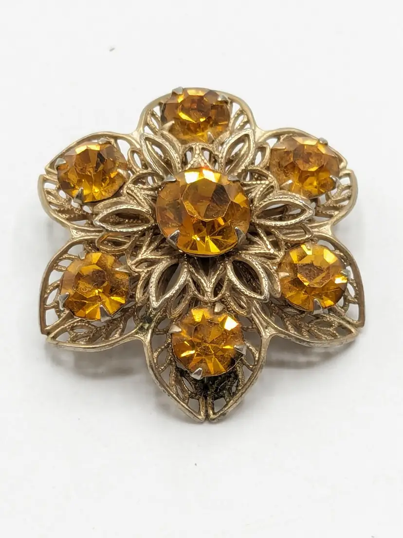 Vintage Flower Brooch Citrine Color Rhinestones Gold Tone
