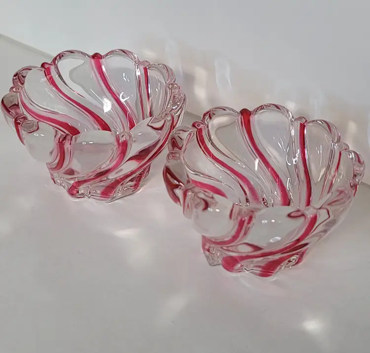 2 Mikasa red striped votive or candy dish
