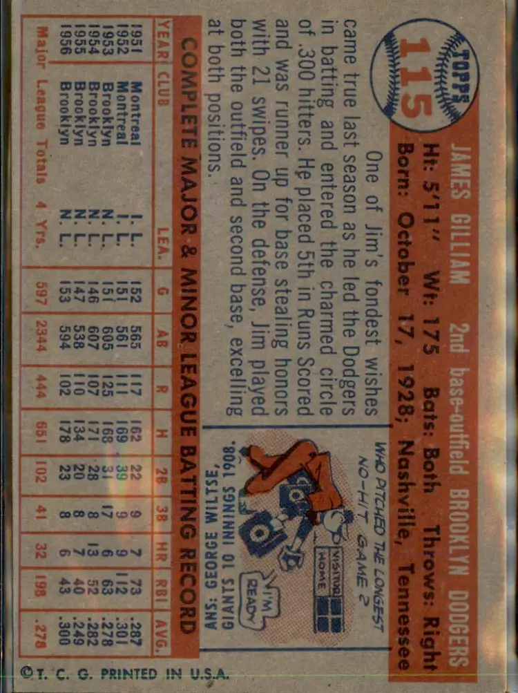 1957 Topps #115 Jim Gilliam - ( pk1 ) - Brooklyn Dodgers