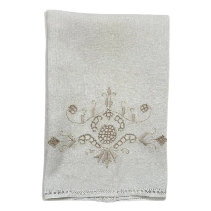 Linen Embroidered Cutwork Tea Towel Drawnwork Edge Shabby Decor Vtg Cottagecore