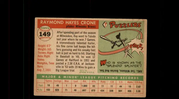 1955 Topps #149 Ray Crone - (pk-tl1) - Milwaukee Braves