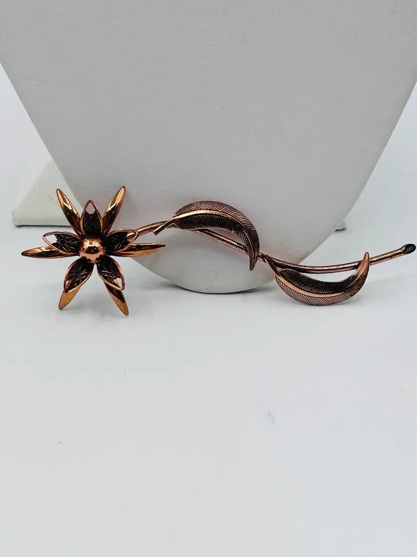 Vintage Copper Long Brooch Pin Mid Century Daisy Flower Detailed Filagree 4”