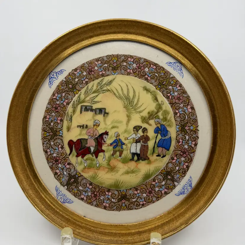 Vintage Persian Miniature Painting Round Gold Frame Floral Border W Figures 9.5”