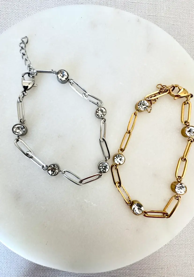 Rhinestone Silver Or Gold Paperclip Bracelet