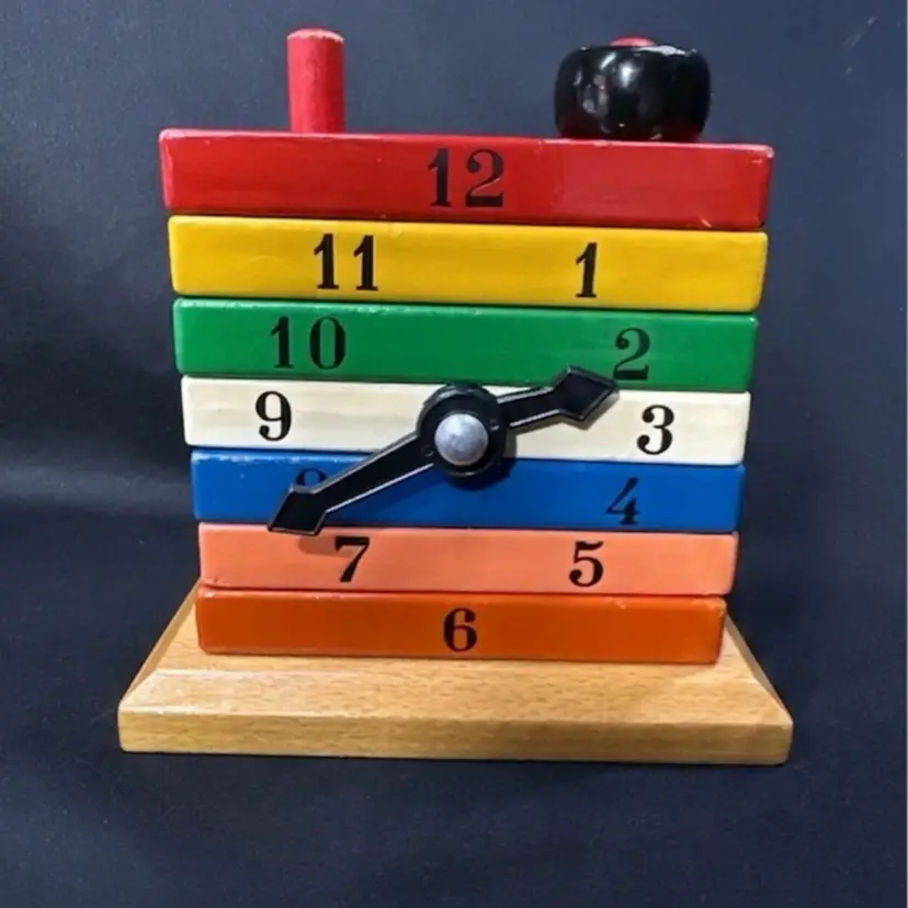 Vintage Kouvalias Wooden Toy Clock Home School Building Block Rainbow Greece