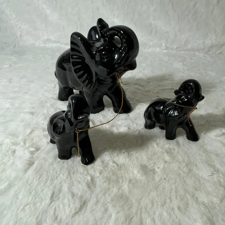 Vintage Elephant Figurine Black Ceramic Mother & Babies Trunks Up Glossy MCM