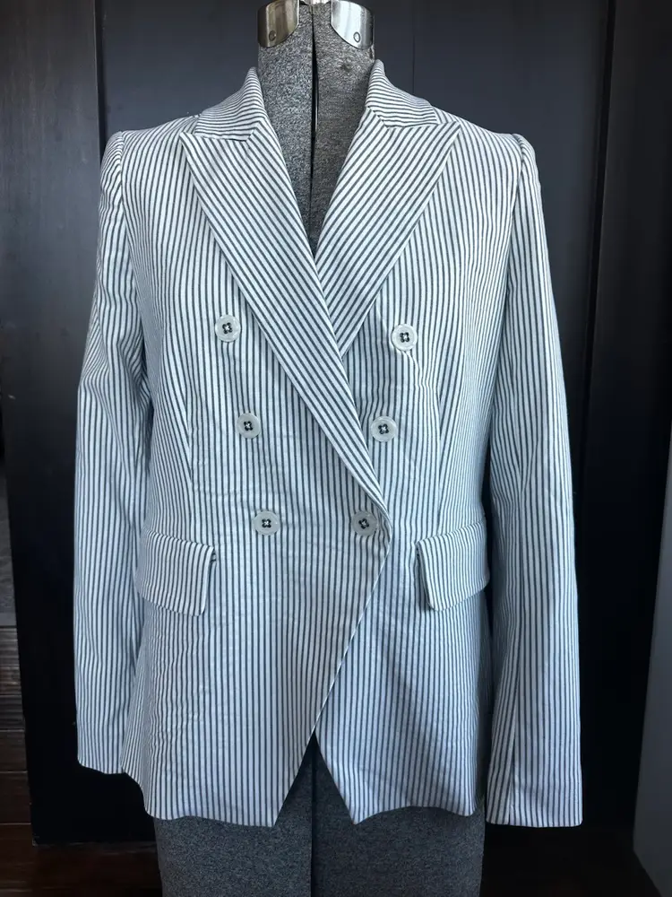 NWT Carolina Belle Montreal Womens Gray Double Breasted Striped Blazer Size M