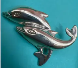 925 Sterling Silver Large Double Dolphin Swimming Brooch