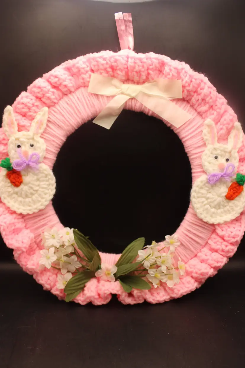 VTG Easter Bunny Wreath Hand Crochet Pink 11"