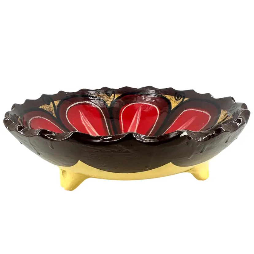 Ceramic Red Flower Floral Handpainted Flower Footed Bowl
