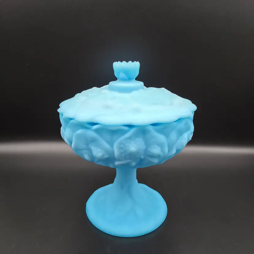 Vintage Fenton Blue Satin Glass Water Lilies Covered Compote Candy Dish