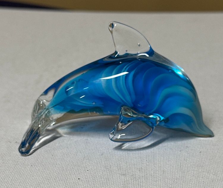Blue Glass Dolphin Figurine Art Glass Handblown Blue And Clear Glass 4” long