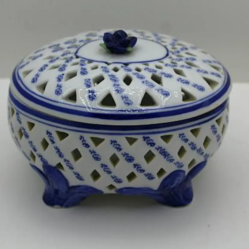 Vintage Home & Garden Party Pierced Oval Blue & White Covered Porcelain Box