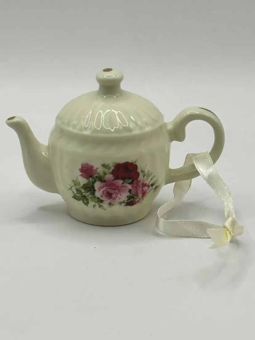 Vintage “Maria” Pattern Floral Miniature Teapot Ornament, Ceramic with Pink Red Roses Design and Ribbon Accent, By Formalities By Baum Bros., Made In China