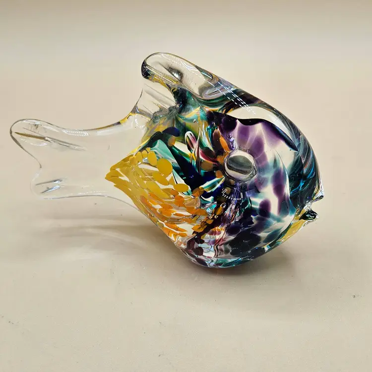 Jim Karl Confetti Fish Glass Paperweight, Signed 3.75H" X 5.25W"