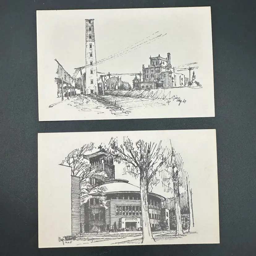 Wm. J. Wagner Sketched Vintage Postcard Duo, Unmarked Unposted