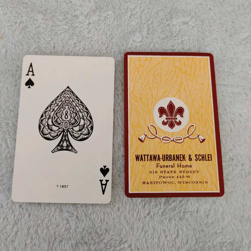 1 Single Swap Card - Playing Card. Wattawa-Urbanek & Schlei Funeral Home. 1930's. Vintage. Ace of Spades. Dimension 2.5 x 3.5. Read description.