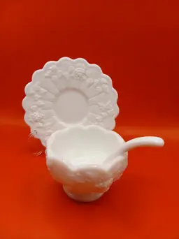 Vintage Westmoreland Paneled Grape White Milk Glass Mayonnaise Set