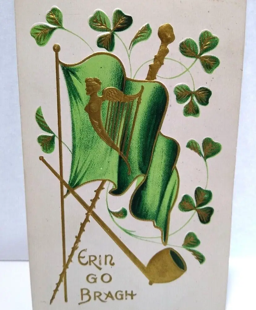 St Patrick's Day Postcard Irish Erin Go Bragh Flag Club Pipe Clover 1909 A&S 303