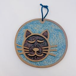 Cute Pottery Kitty Cat Hanging Trivet Wall Art 6”x 6.25” FF
