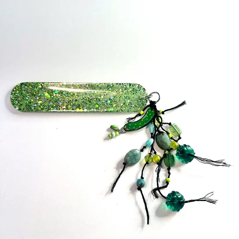 Pickle Black Green Beaded Dangle Resin Bookmark Green Glitter 5” Plus Dangle Handmade