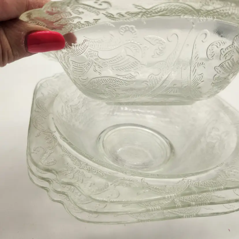 4 Vintage 1932 Federal Glass Clear Madrid Depression Glass Square Art Deco Bowls