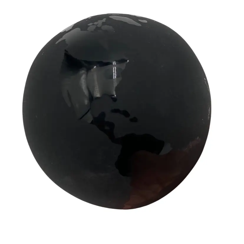 Vintage Hand-Blown Black Glass Globe Paperweight, Glossy Land/Frosted Oceans