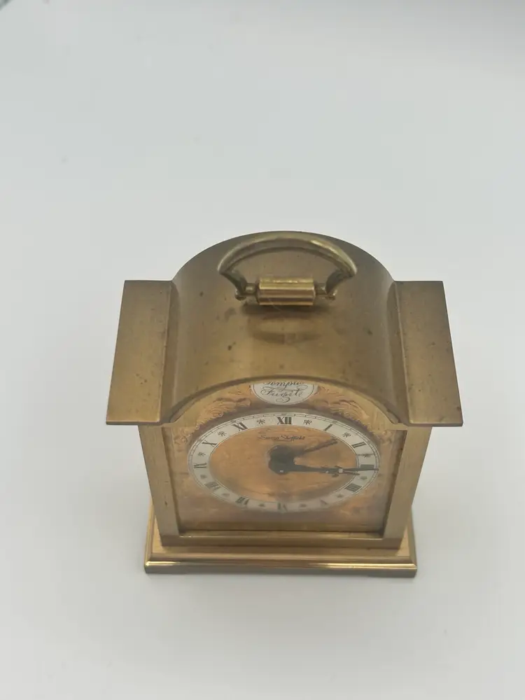 Swiss 8 Day Tempus Fugit Vintage Carriage Alarm Clock Swiss Made Collectable 4” Tall