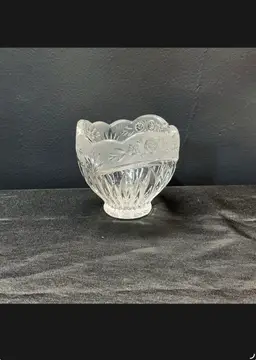 Vintage Crystal Glass Bowl Etched Floral Band Scalloped Rim Cut Panel Design