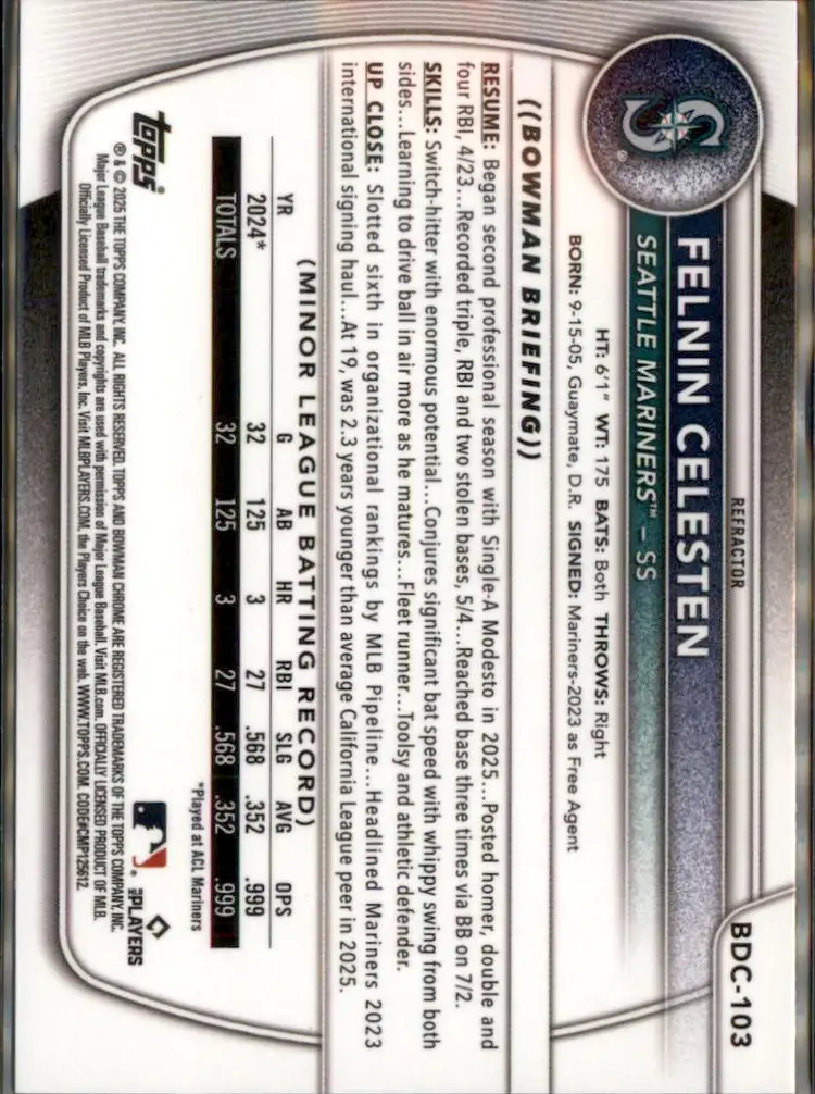 2025 Bowman Draft #BDC-103 Felnin Celesten Chrome Refractor - (138) - Seattle Mariners