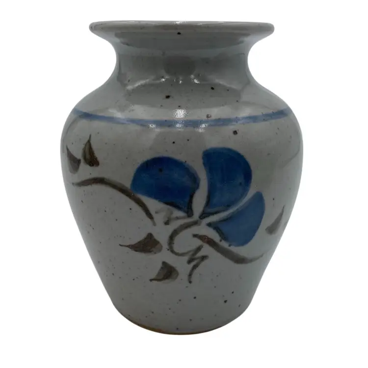 Vintage Studio Pottery Speckled Stoneware Vase, 5.5", Blue Floral, Signed