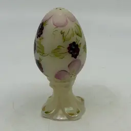 Vintage Fenton White Iridescent Glass Pedestal Egg Hand Painted Purple Berries Leaves Flowers 95th Anniversary Numbered Limited Edition Collectible Home Decor