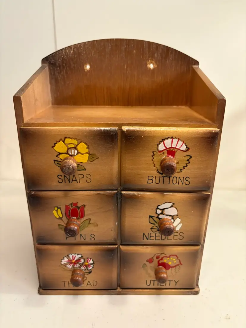 Vintage Wood Sewing Box Storage Kits Organizer Drawer Brown Cabinet Shelf Hanger