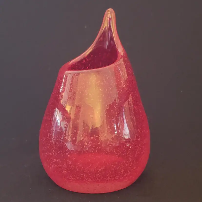 Art Glass Swung Vase Red Bullicante Unbranded 3¾"Tall Rough Pontil One Finger