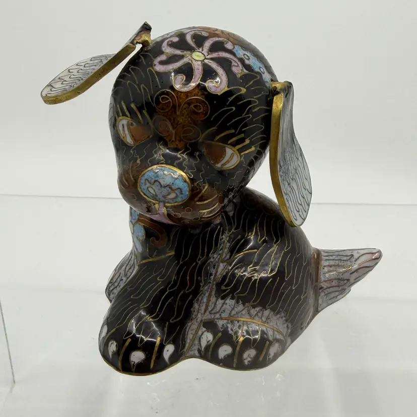 Vintage Black Chinese Cloisonne Metal & Enamel Dog Figurine 3”