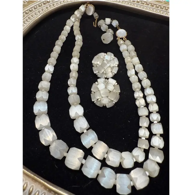 Vintage Selenite Vintage Two Layer Necklace  And Clip On Earrings - 1930s-1950s