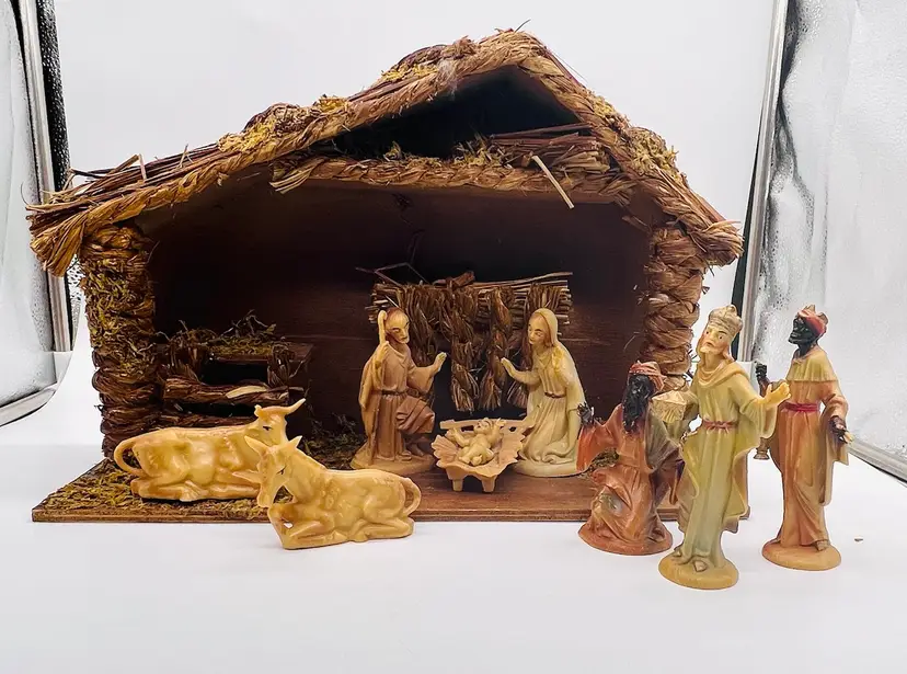 Vintage Nine Piece Nativity Scene Mary Joseph Jesus Animals Wisemen