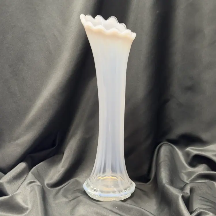 #1594 Fostoria White Opalescent Swung Fluted Stretch Vase 12.25”
