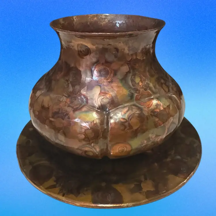Copper  lusterware footed pot cauldren with underplate