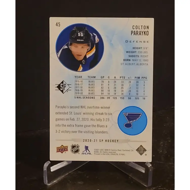 2020-21 Upper Deck SP Authentic Base #45 Colton Parayko - St. Louis Blues