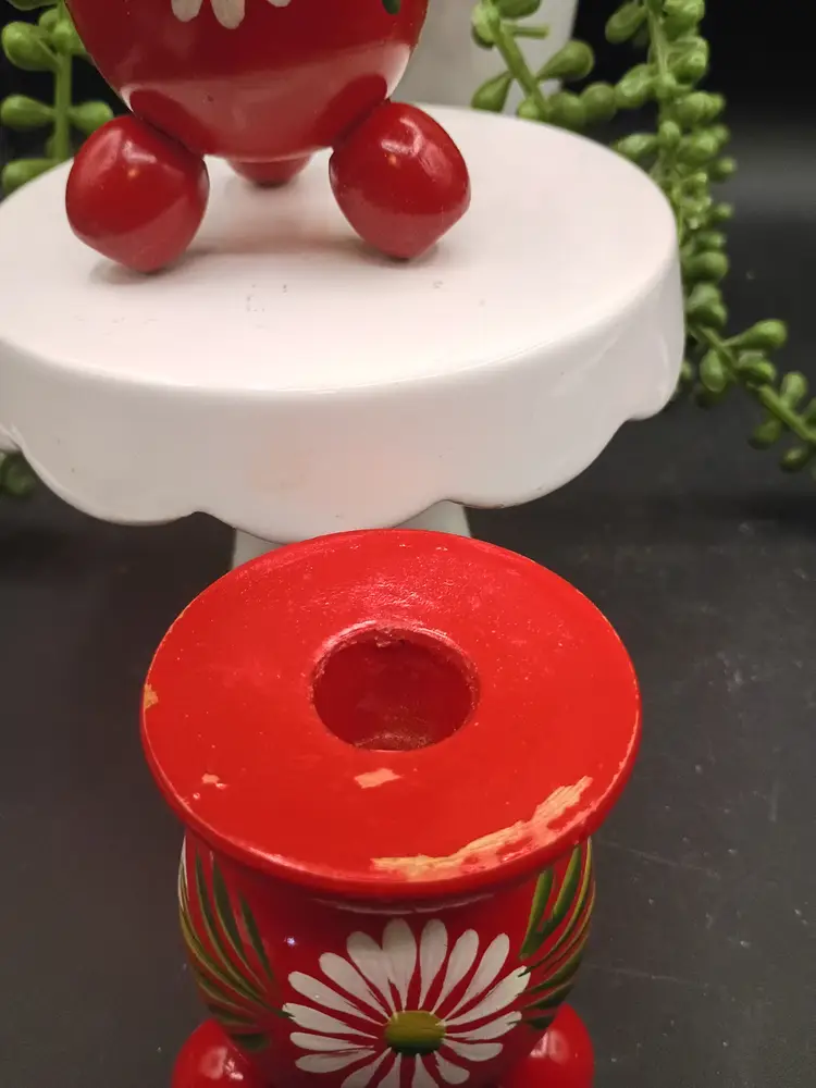 Vintage Wooden Red Candle Holders Hand-Painted Made in Sweden