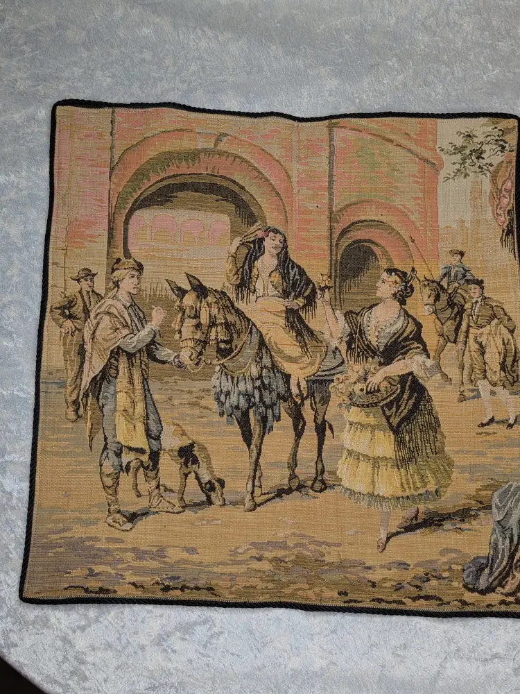 Woven Tapestry Spanish Street Scene Flamenco Dancers Horse Dog Made in Belgium 18"x18" Soldiers Vintage Wall Decor