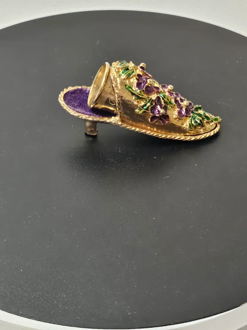 Antique Victorian Shoe Slipper Thimble Holder Purple Gold Tone Floral 2 Piece