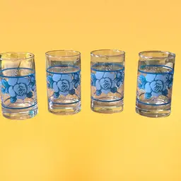 04. Set Of 4 Vintage Libbey Crisa Juice Glasses Blue Floral 4” Tall