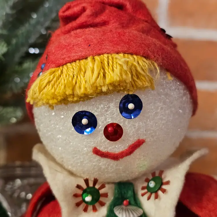 Vintage 1960s Styrofoam Head Felt Elf Dolls Pair Retro Christmas Pixies Knee Hugger Style Handmade Holiday Decor