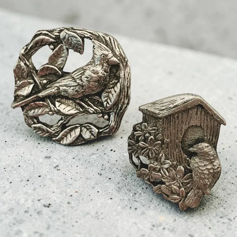 2 Birds and Bloom Cardinal and Flowers and Bird with Birdhouse Pewter Brooches
